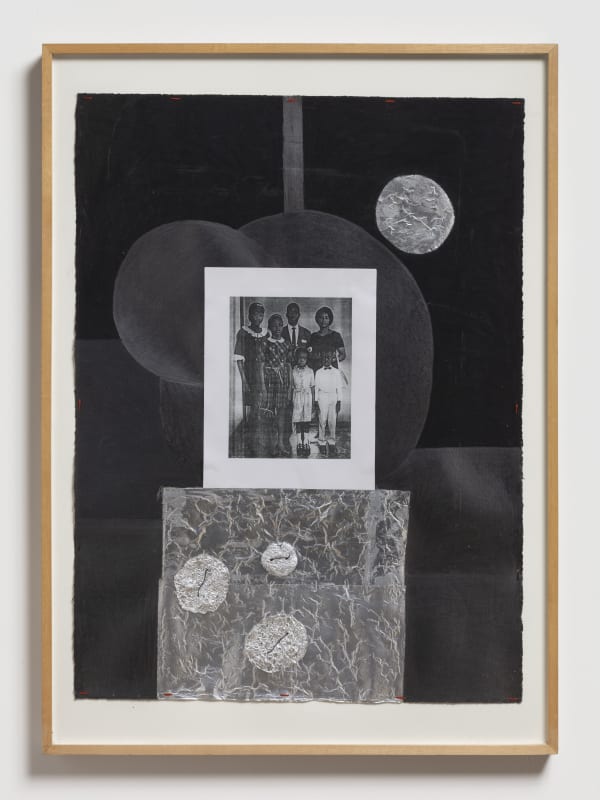 Arthur Simms Balm of Gilead, 1999 Charcoal, graphite, photograph, aluminum foil, wire, glue, and thread 30 x 22 in 76.2 x 55.9 cm
