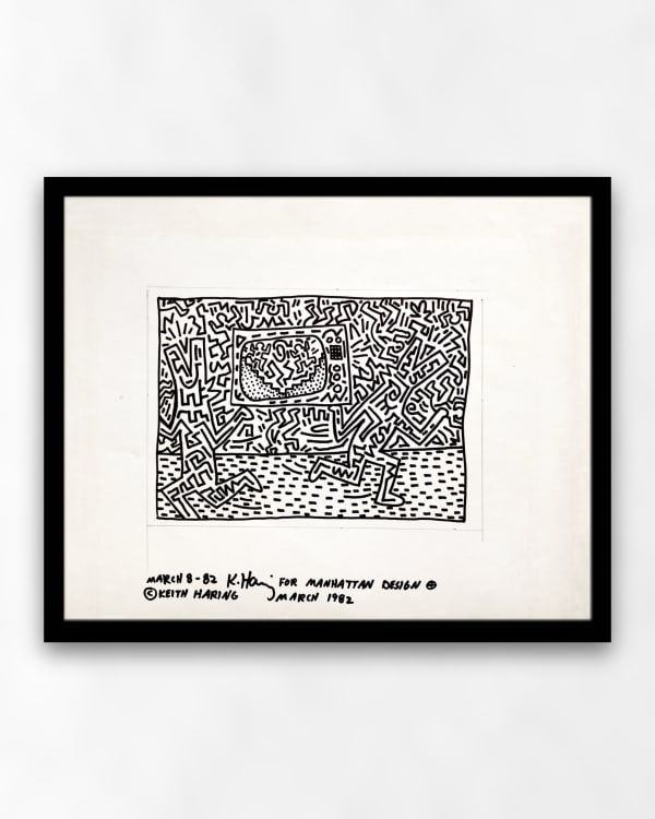 Keith Haring March 8 - 82 K Haring For Manhattan Design, 1982 Sumi ink on paper (signed by the artist) 14 x 17 in 35.6 x 43.2 cm (KH_240)
