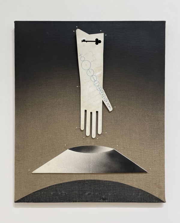Rafael Sánchez aurea catena homeri /guante de Dolores, 1997-2021 Pencil, ballpoint, cardboard, balsa wood, spray paint, foamcore, pins, and linen 24 x 20 x 1 3/4 in 61 x 50.8 x 4.4 cm (SRa_21_005)