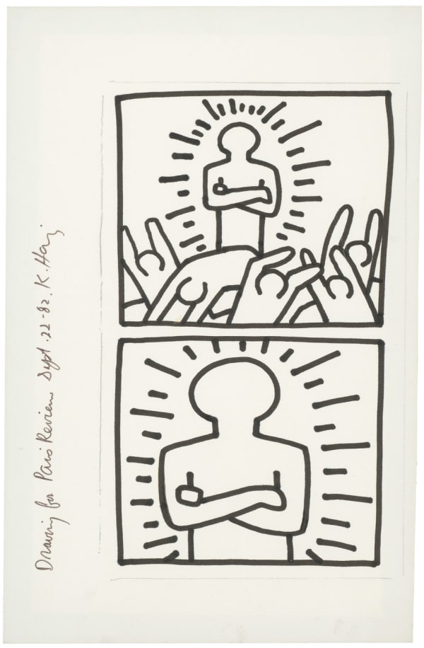 Keith Haring Drawing for Paris Review, 1982 black felt tip pen and pencil on light wove paper 11 x 7 1/8 in 28 x 18 cm 12.25 x 16 in (framed) 31.1 x 40.6 cm (framed) (KH_101)