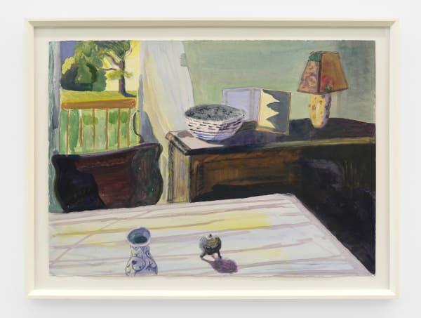 Cody Heichel Dining Table, Morning Light, 2023 watercolor on paper in artist's frame paper dimensions: 21 ½ x 33 ½ in. (54.6 x 85.1 cm.) framed dimensions: 25 ½ x 34 x 1 ½ in. (64.7 x 86.4 x 3.8 cm.)