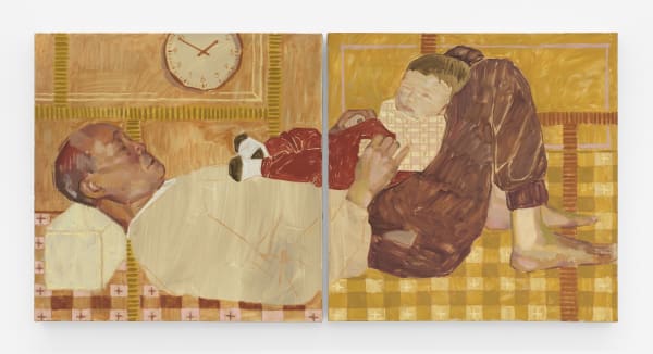 Kayoon Anderson Grandpa with Baby Cousin, 2025 oil on linen 27 1/2 x 55 1/2 in. 70 x 141 cm.