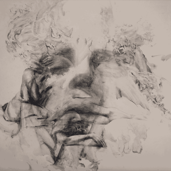 Raine Storey In Contact, 2023 Liquid charcoal on canvas 130 x 130 cm , Framed