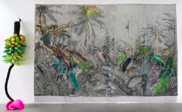 Clemencia Labin Amazonia 1 and Banana tree with banana blossom 2020 Structure, flower and more than 100 bananas sewn and stuffed with cotton, polyester and whales of women's bras Three superposed layers: paper with image, transparent plastic and black tulle with acrylic and oil paint Banana tree: 240 x 46 x 45 cm (94.5 x 18.1 x 17.7 inch) Tapestry: 290 x 390 cm (114.2 x 153.5 inch) Installation: 290 x 480 x 45 cm aprox