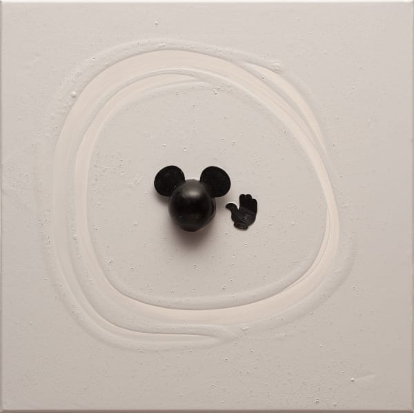 Liliana Porter The Riddle (Black Mickey) 2021 Acrylic and assemblage on canvas 40,5 x 40,5 cm