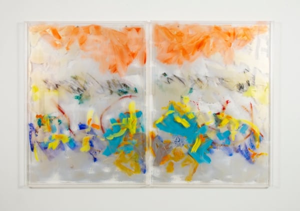 Danielle Frankenthal Morning Mist, 2022 Acrylic and interference paint plus oil stick on acrylic panels Diptych 48 x 74 " installed