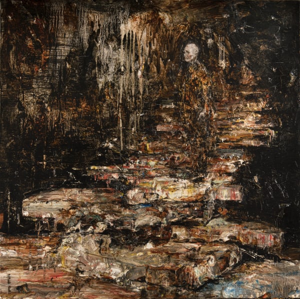 Arvin Golrokh, L'uomo con la terra sulle mani, 2025, Oil on canvas, 80 × 80 cm
