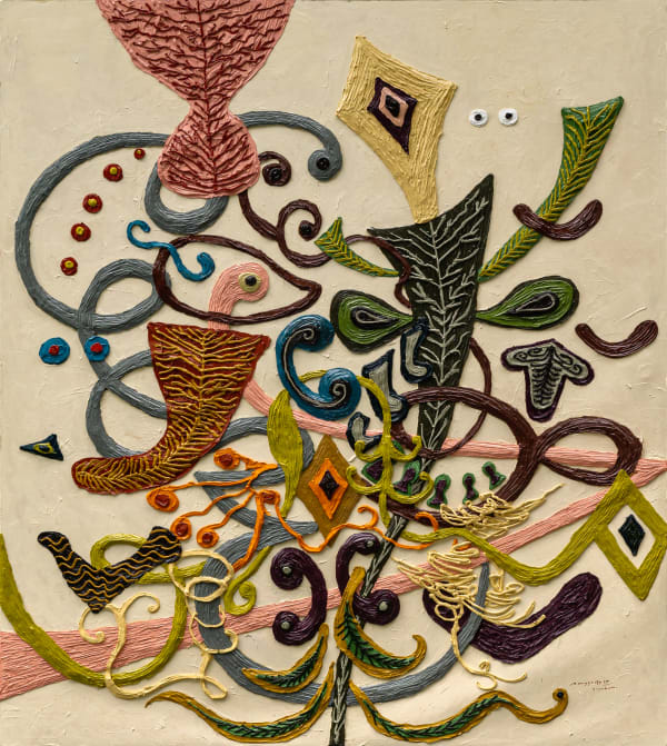 Rangga Aputra, Earth's fragrance, 2025, Oil, acrylic, heavy gel on canvas, 160 × 140 cm