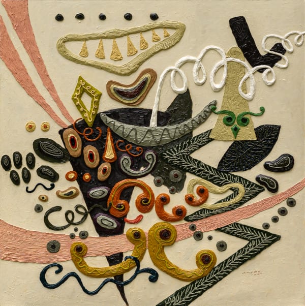 Rangga Aputra, Not far from home, 2025, Oil, acrylic, heavy gel on canvas, 150 × 150 cm