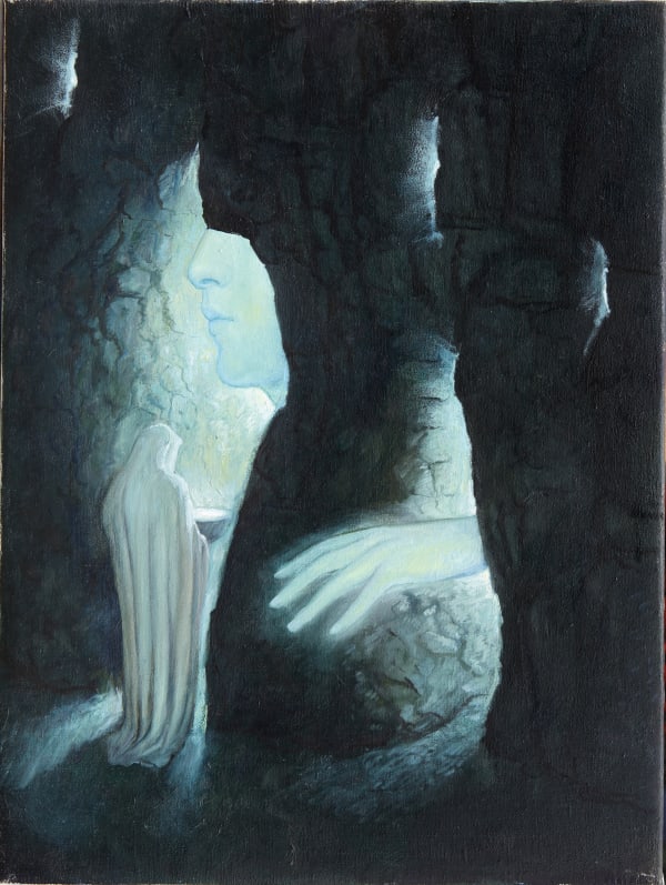 Alessandro Sicioldr,The Source, 2025, Oil on linen, 40 × 30 cm THE Source This image came to Sicioldr in a hypnagogic moment, as he glanced sideways at a Georges de La Tour catalog. From a pareidolic blur emerged the vision of a figure approaching a subterranean world of light. A luminous water is offered—or perhaps received—from the grotto’s depths. Everything is in shadow, except for this strong light emanating from within.