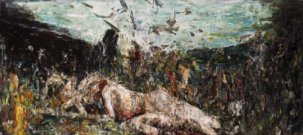 Arvin Golrokh, Bicharegan 10, 2025, Oil on canvas, 81 × 180 cm