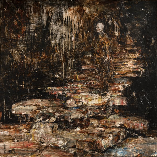 Arvin Golrokh, L'uomo con la terra sulle mani, 2025, Oil on canvas, 80 × 80 cm