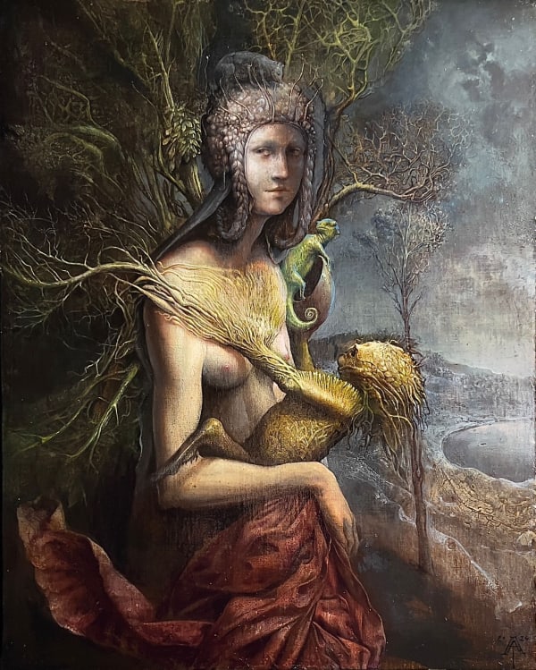 Agostino ArrivabeneTitania e Puk 2025 Egg tempera and oil on board 50 × 40 cm