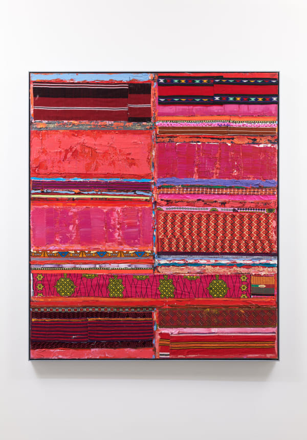 Tegene Kunbi,Untitled, 2024, Oil on canvas with textile, 150 × 120 cm