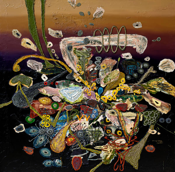Rangga Aputra Softly Collide Under The Dawn Sky 2023 Oil on canvas 150 × 150 cm