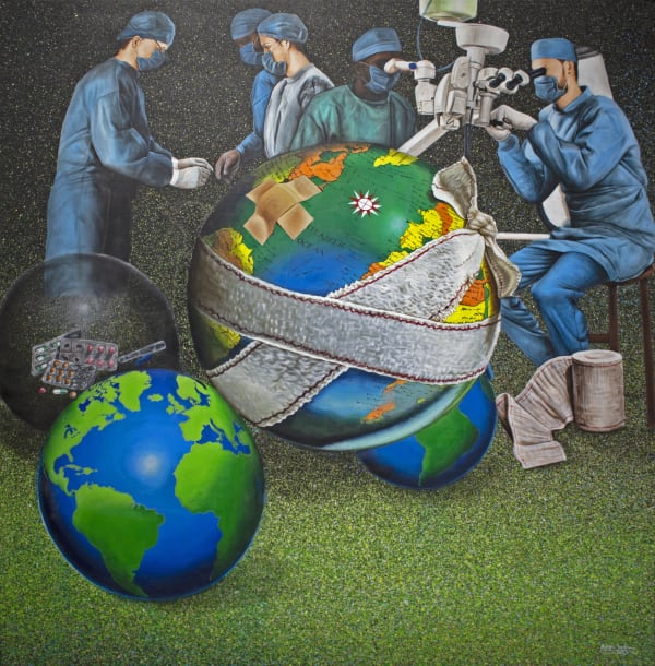 Amani Bodo Monde en pansement 2021 Acrylic on canvas 128,5 × 125 cm