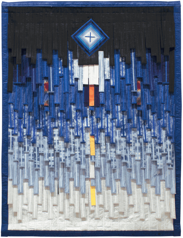 Abdoulaye Konaté Souvenir d’enfance sur fond bleu 2022 Textile 157 × 119 cm
