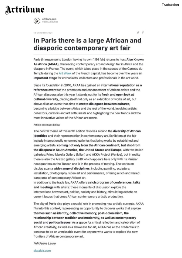 Artribune, In Paris there is a large and diasporic contemporary art fair October 18th, 2024