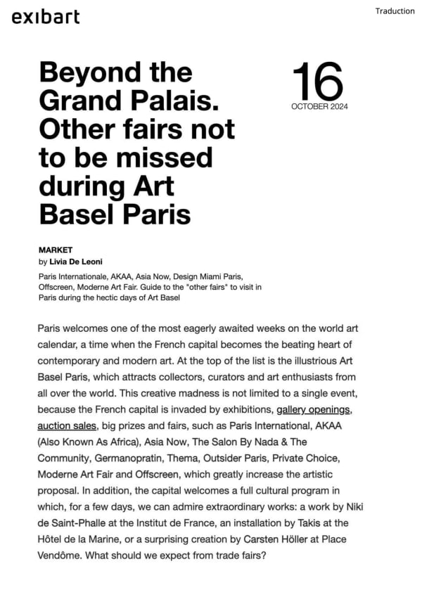 Exibart, Beyond the Grand Palais. Other fairs not to be missed during Art Basel Paris October 16th, 2024