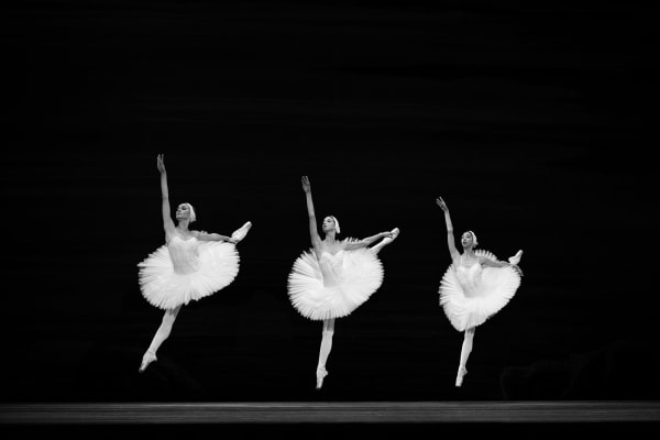 Artists of The Bolshoi Ballet dancing in Swan Lake. At The Royal Opera House, London, UK. Dancers. By movement photographer Simon Tomkinson.