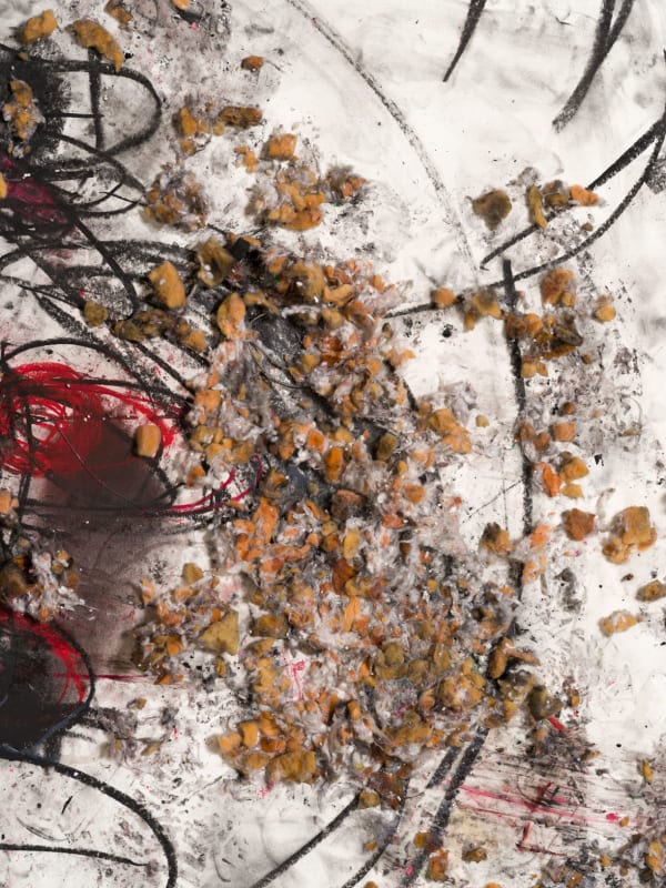 Paul McCarthy A&E, POZZZY, Santa Anita session, 2021 Pencil, charcoal, oil stick, collage, shoe, plate, tea cup, stuffed animal, foam stuffing and tape on paper 288.3 x 182.9 x 7.6 cm