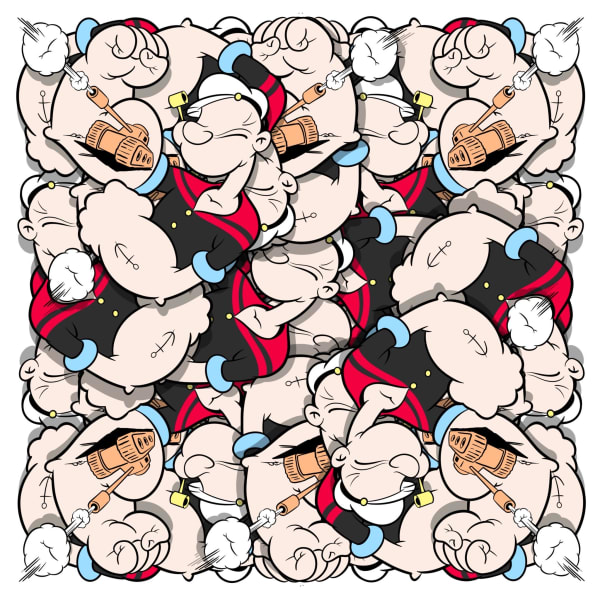 Opake reimagined cartoon character with neon overpaint and tags, street artist for sale in fine art gallery.