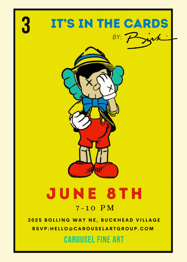 Poster advertising Cayla Birk's upcoming exhibition "It's In the Cards" hosted by Carousel Fine Art in Buckhead Village, Atlanta.