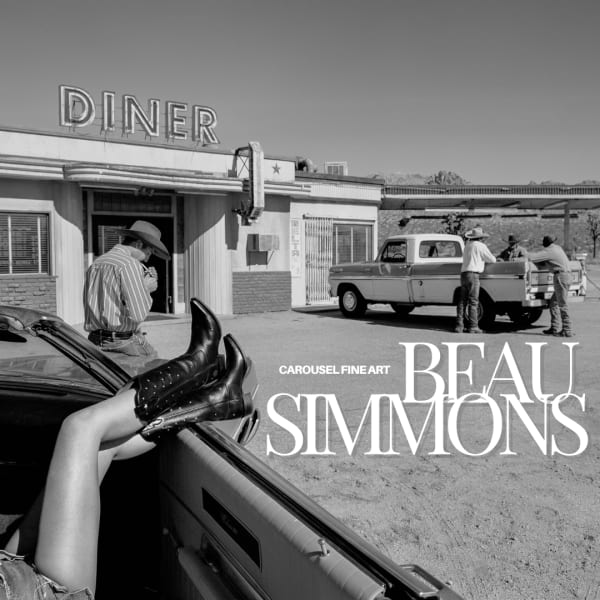 Beau Simmons exhibition announcement for Atlanta — high-contrast western imagery.