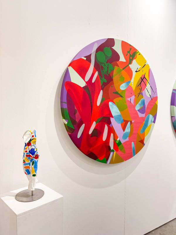 Paintings and sculpture displayed at Carousel Fine Art's booth at the art fair, Context Art Miami 2021.
