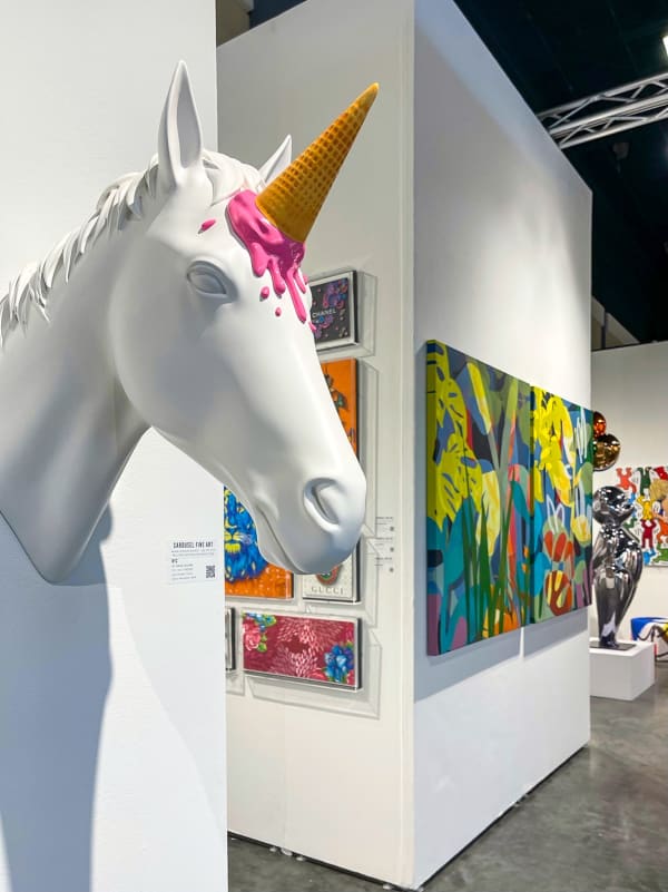 Paintings and sculptures displayed at Carousel Fine Art's gallery both at the Palm Beach Modern and Contemporary art fair, 2022.