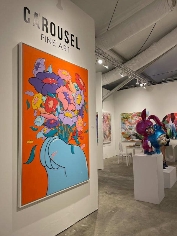 Paintings and sculpture displayed at Carousel Fine Art's booth at the art fair, Context Art Miami 2022