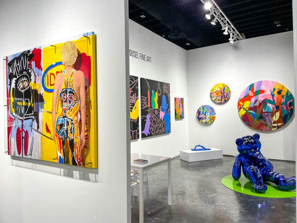 Paintings and sculpture displayed at Carousel Fine Art's gallery both at the Palm Beach Modern and Contemporary art fair, 2023.