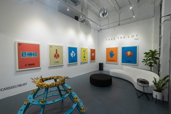 Cayla Birk's artworks displayed in Carousel Fine Art's Miami location for the Cayla Birk exhibition, "It's in the Cards."