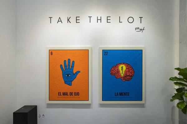 Cayla Birk's artworks displayed in Carousel Fine Art's Miami location for the Cayla Birk exhibition, "It's in the Cards."