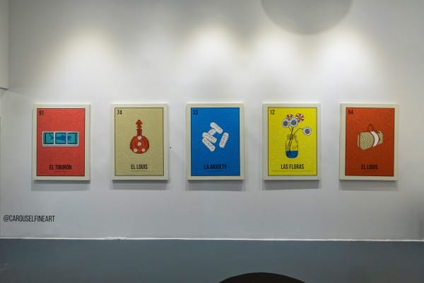 Cayla Birk's artworks displayed in Carousel Fine Art's Miami location for the Cayla Birk exhibition, "It's in the Cards."