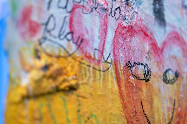 Close up of a painting by Justin Garcia on display at Carousel Fine Art's Miami gallery space for the exhibition, "If These Walls Could Talk."