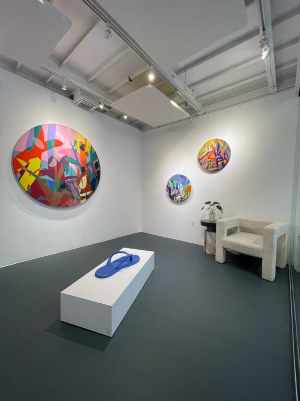 Paintings and sculptures by Neill Wright displayed inside Carousel Fine Art's Miami gallery space during Neill Wright's exhibition "Where the Light Gets In."