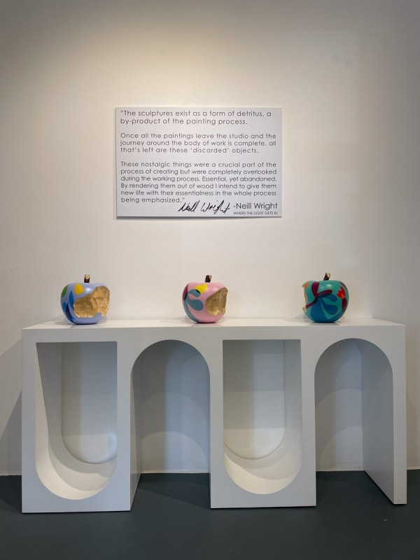 Paintings and sculptures by Neill Wright displayed inside Carousel Fine Art's Miami gallery space during Neill Wright's exhibition "Where the Light Gets In."