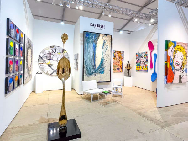 Paintings and sculpture displayed at Carousel Fine Art's gallery both at the Hampton's Art Market, 2021.