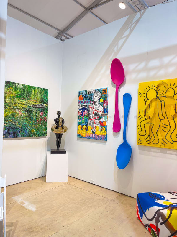 Paintings and sculptures displayed at Carousel Fine Art's gallery both at the Hampton's Art Market, 2021.
