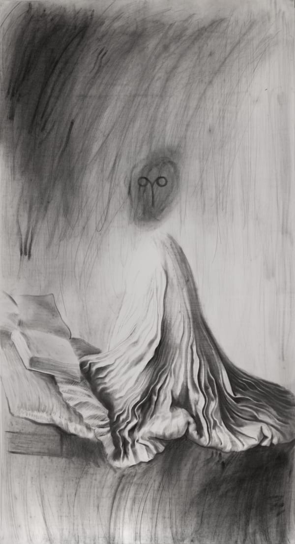 Ninny Spirit (Reader of the burnt books) 2020 Nikita Kadan Charcoal, paper 220x120 cm