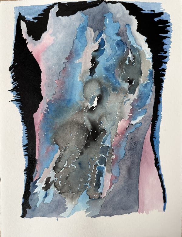 Watercolour and ink painting by Bernard Garo titled Order and Chaos 2, 2025 — abstract composition in flowing blue, gray, and black tones, evoking glacial movement and the tension between preservation and dissolution.