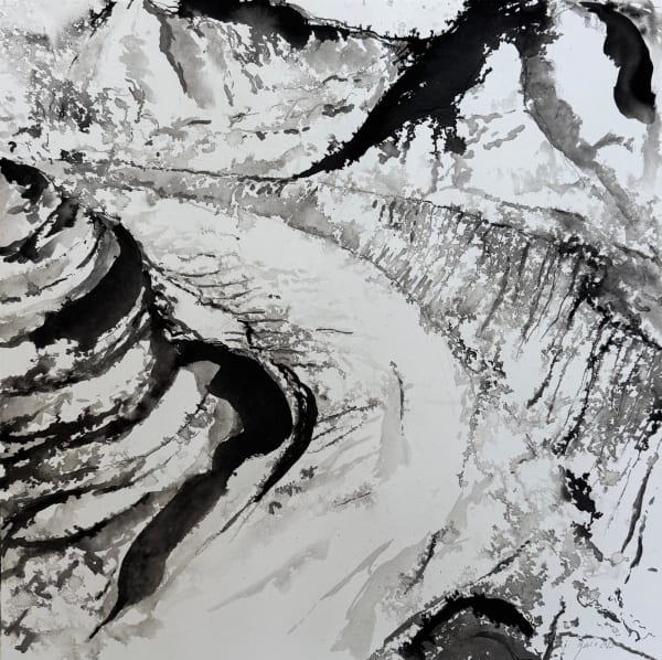 Ink painting by Bernard Garo titled Bottleneck), 2023 — abstract composition in layered black and gray tones suggesting glacial debris and the traces of retreating ice.