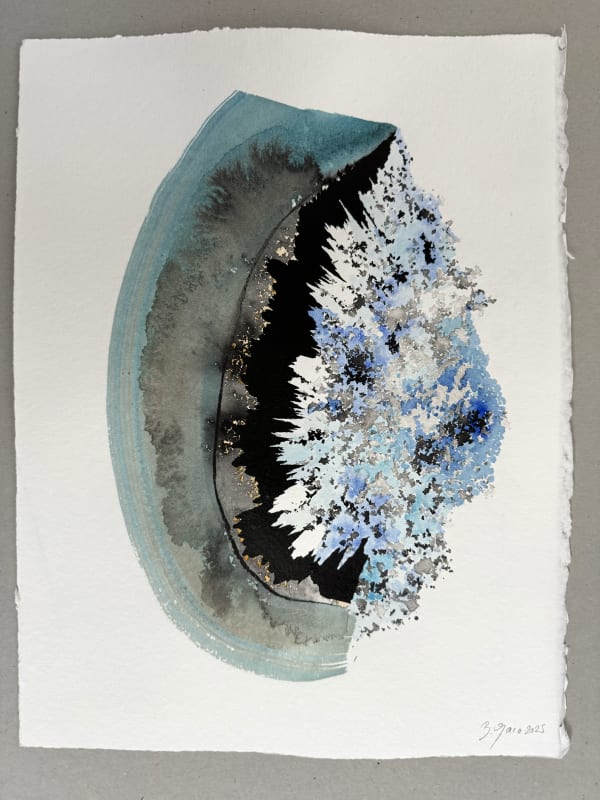 Watercolour and ink painting by Bernard Garo titled Order and Chaos 3, 2025 — abstract composition in flowing blue, gray, and black tones, evoking glacial movement and the tension between preservation and dissolution.