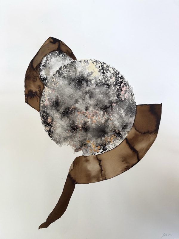 Mixed-media work by Bernard Garo titled Fragility, 2023 — abstract paper wash with Chinese ink and walnut stain, in earthy brown and gray tones, evoking the delicate balance of natural forces.