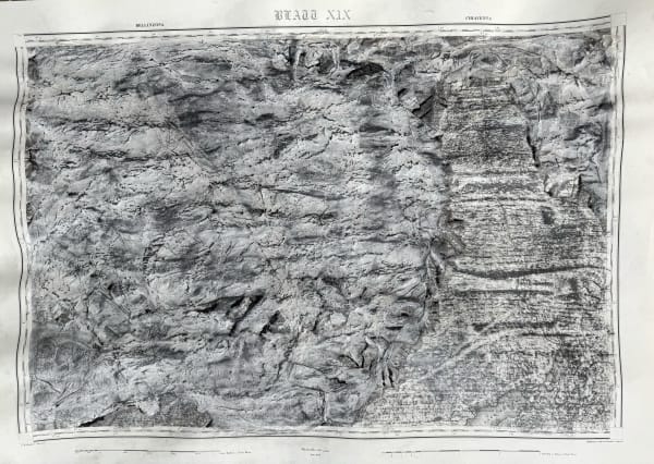Painting by Bernard Garo titled Glacier Evolution – Maps 3, 2025 — layered composition using latex and natural materials on 1860 Dufour maps, painted with glacier water, evoking the retreat of ice and shifting landscapes.
