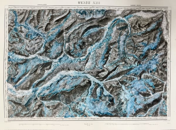 Painting by Bernard Garo titled Glacier Evolution – Maps 2, 2025 — layered composition using latex and natural materials on 1860 Dufour maps, painted with glacier water, evoking the retreat of ice and shifting landscapes.