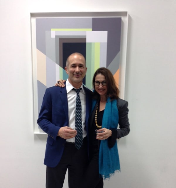 Joe Profaci and Beth Saidel at Art3 Gallery opening reception, in front of Judith Seligson's Fractal