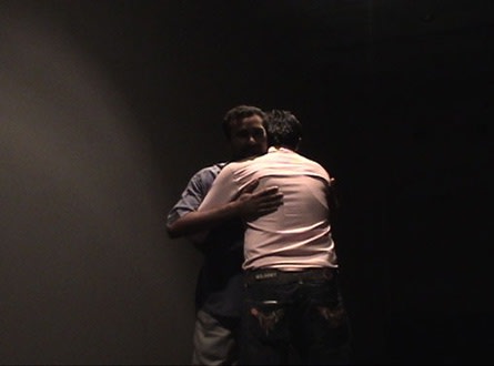 Anil Sahu, asking for hugs from audience members during his collaborative performance