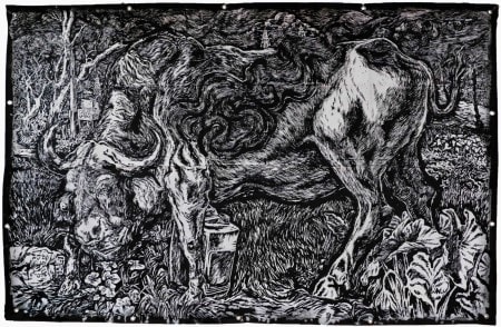 Time is Sloshing, Drawings with black pigment, distemper, acrylic, & adhesive on tarpaulin, 2024